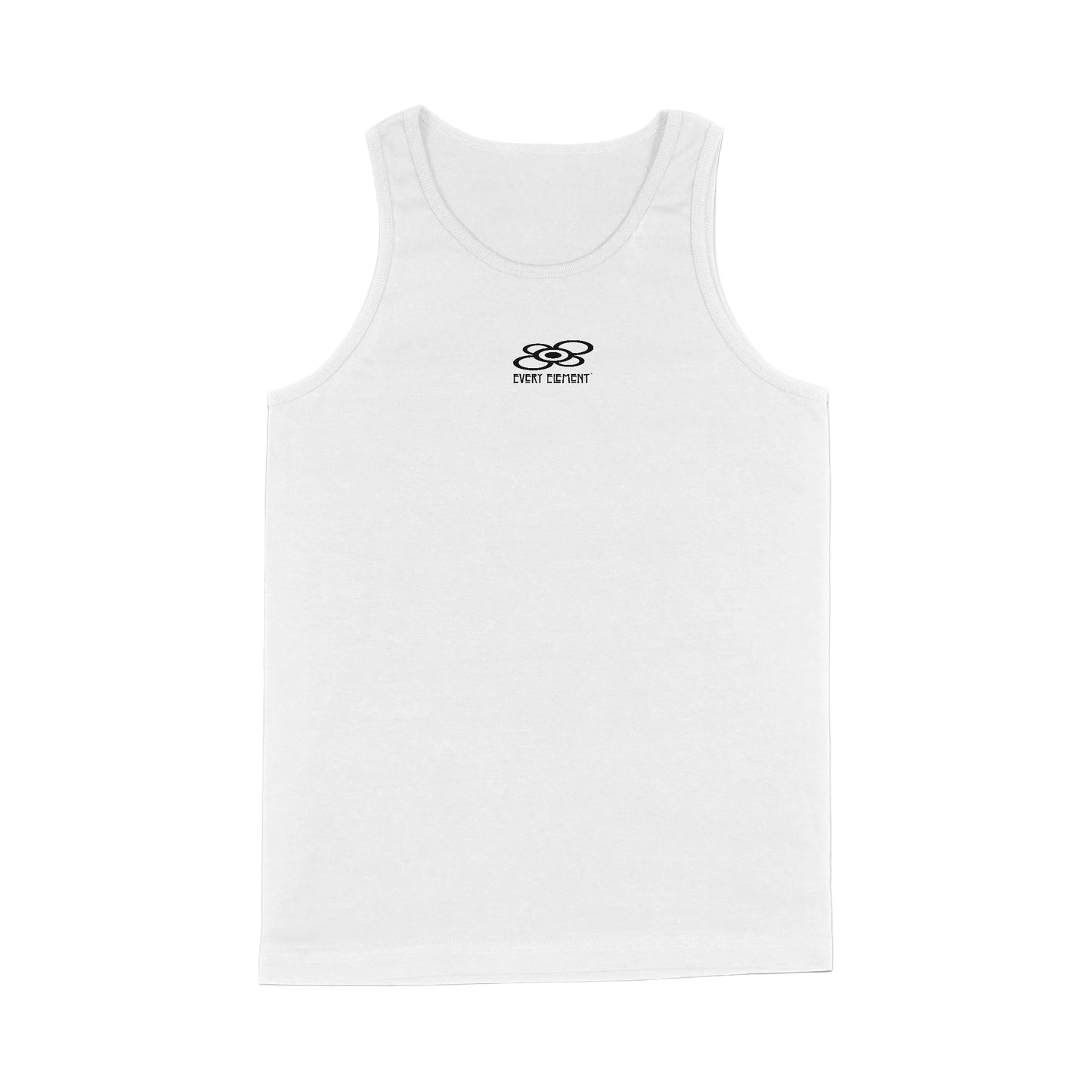 White tank top with a black logo on a white background