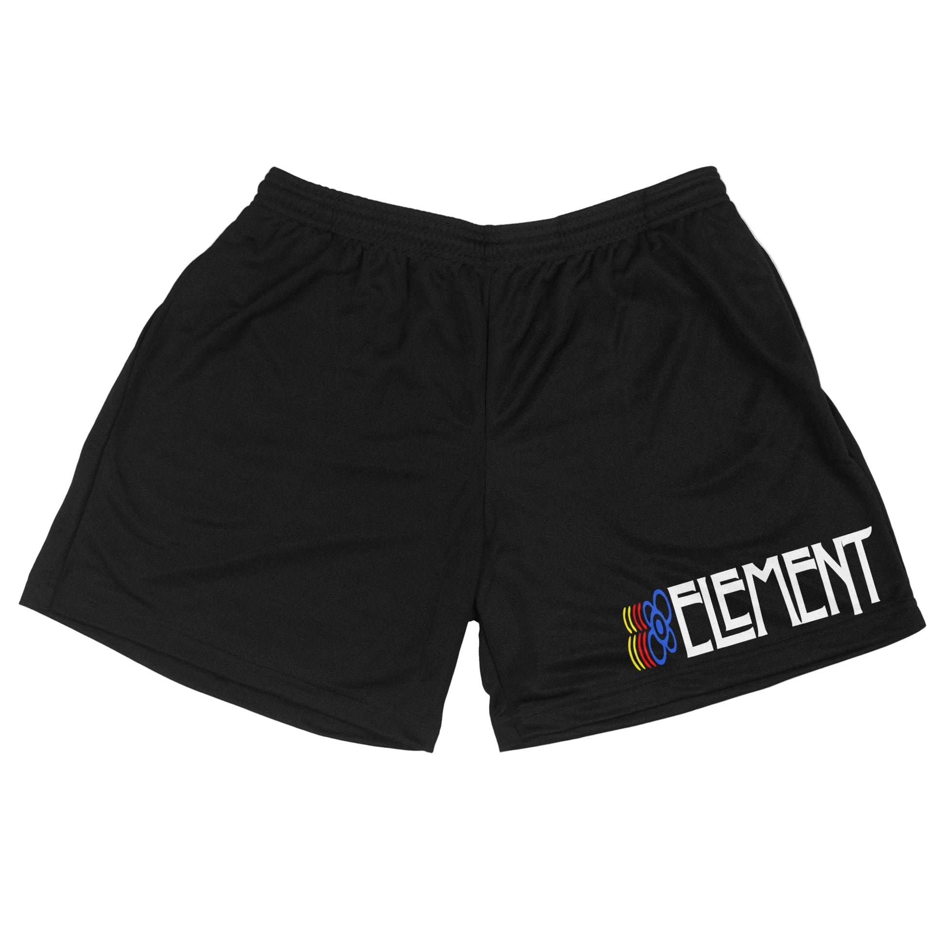 Black shorts with a colorful logo and text on a white background