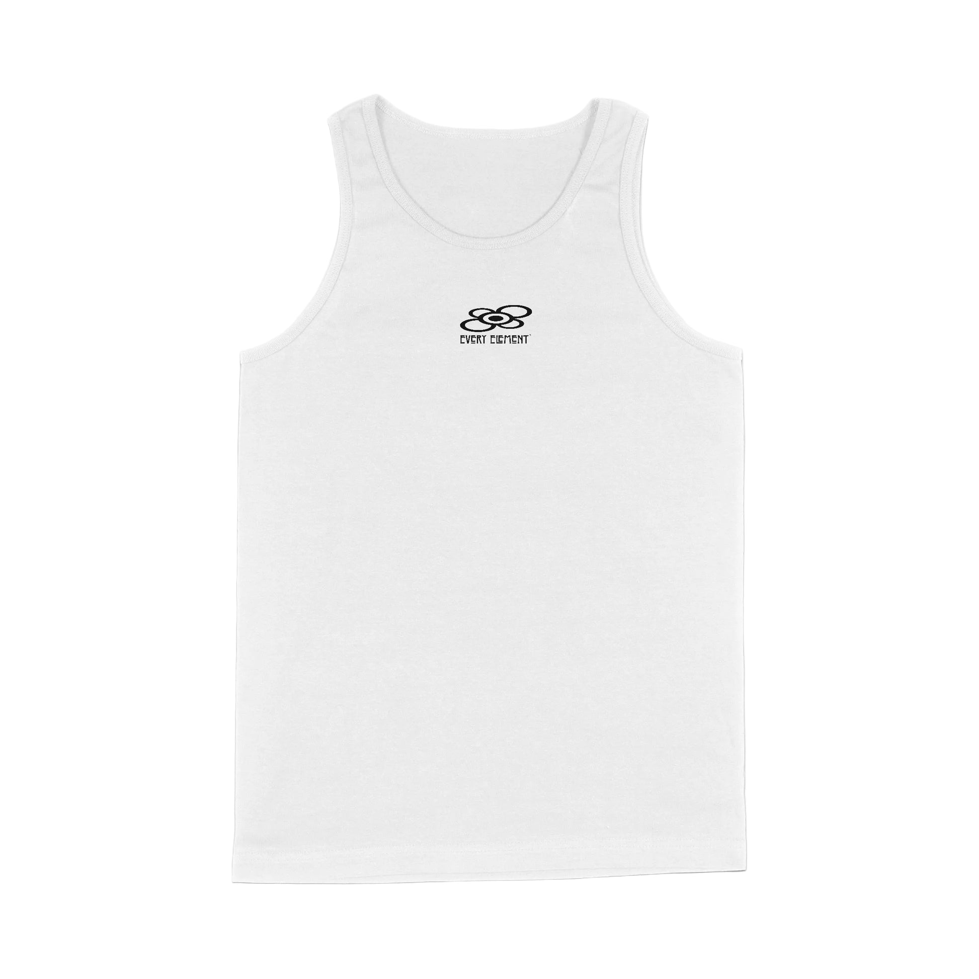 White tank top with a black logo on a white background