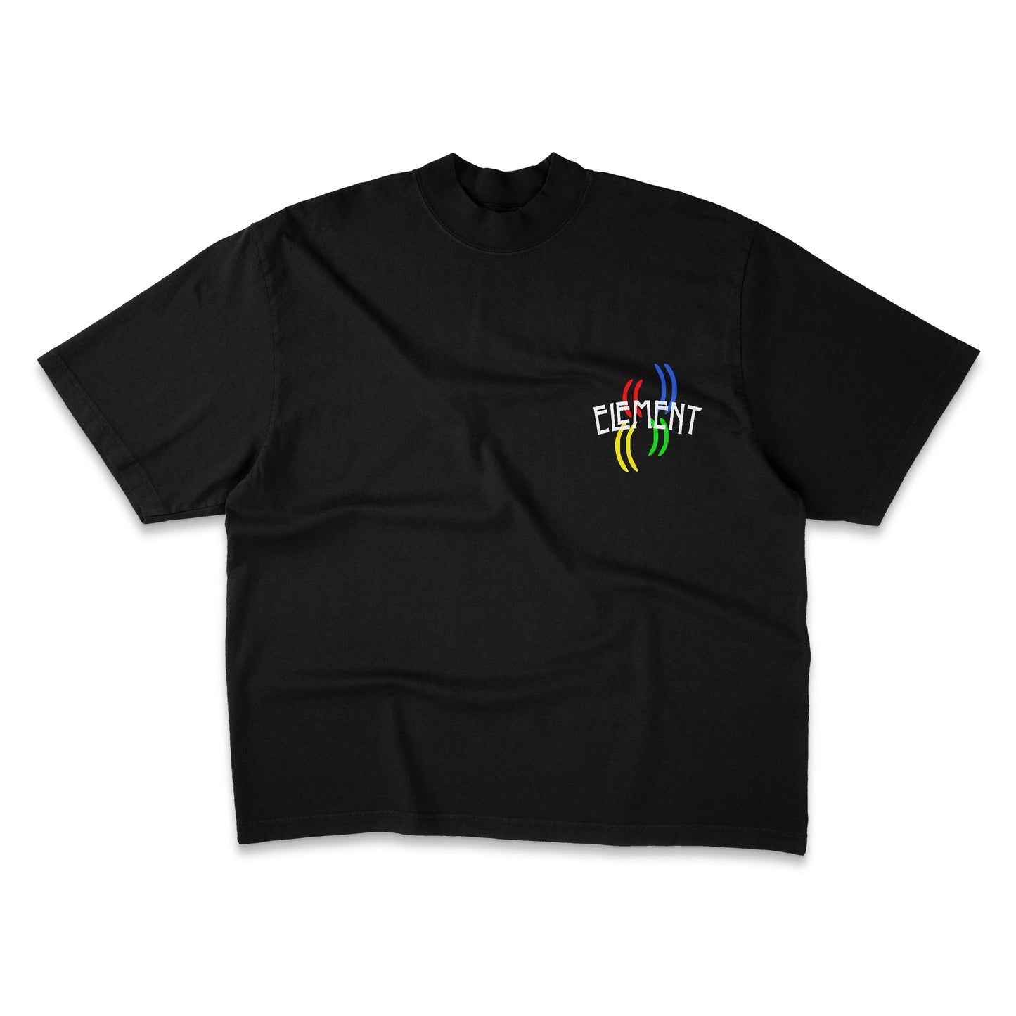 Black t-shirt with colorful logo on a white background