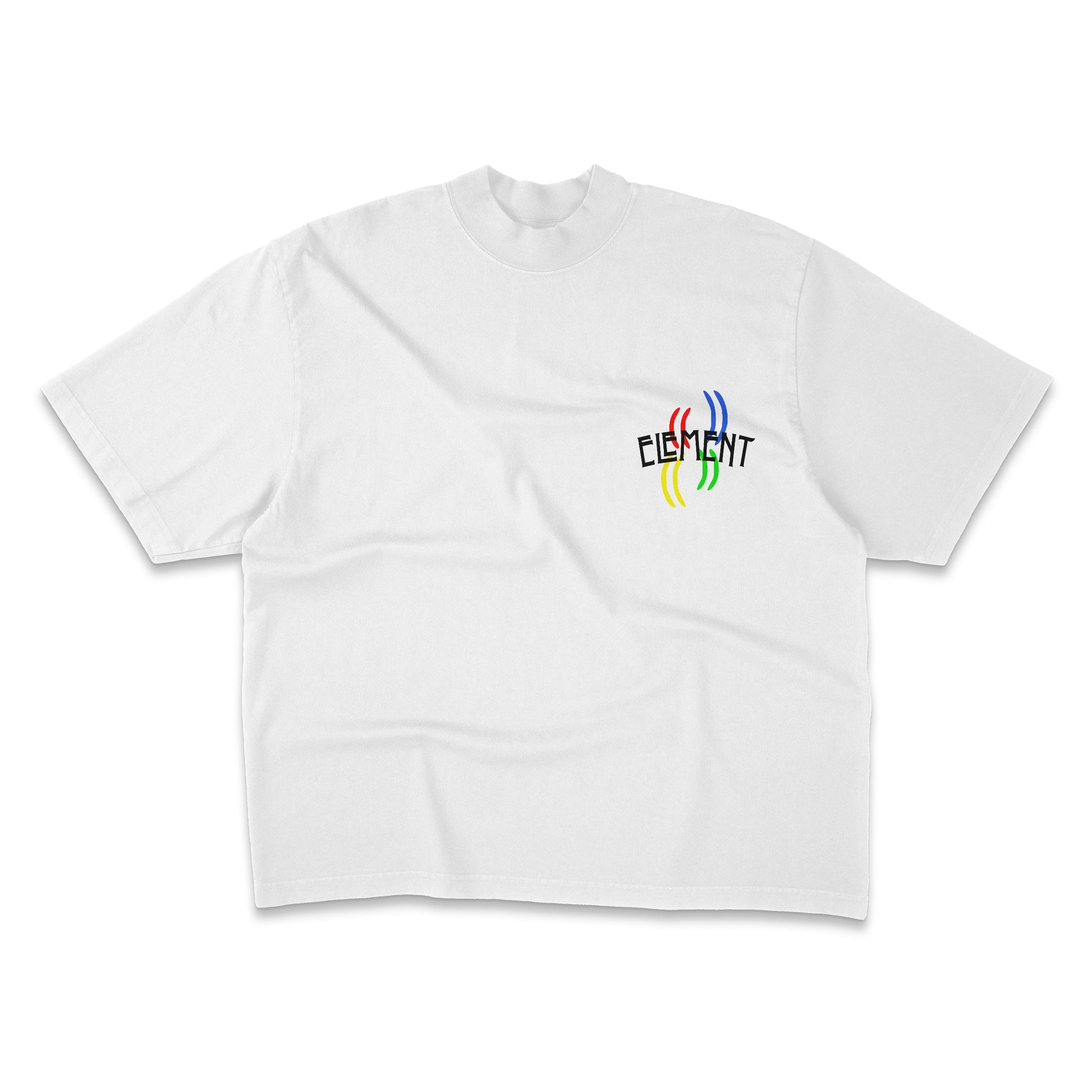 White t-shirt with colorful logo on a white background
